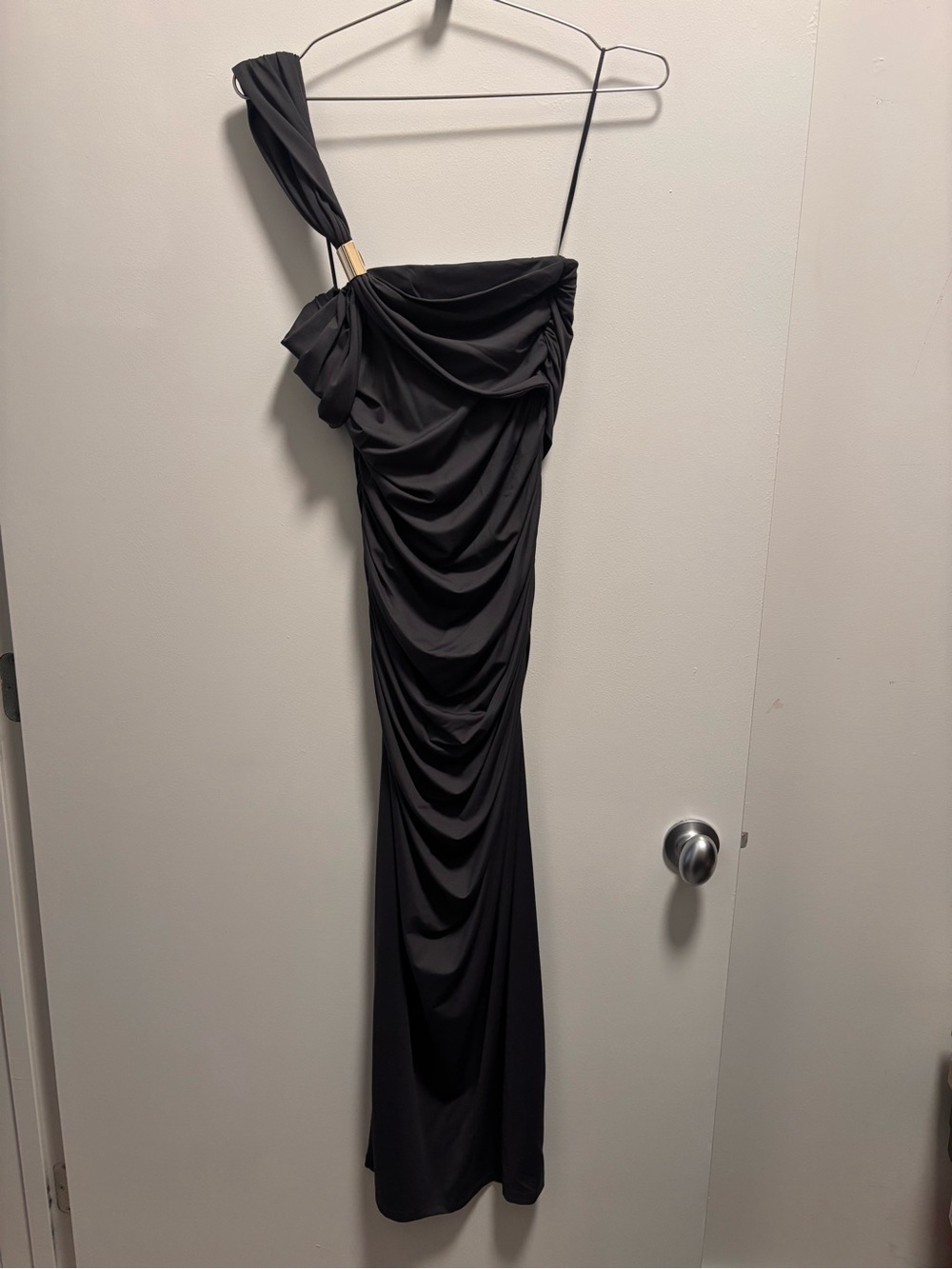 Zara Black One-Shoulder Ruched Gown with Gold Accent